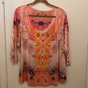 3/4 sleeve orange, peach, tan & cream over the head shirt. 6 little buttons.